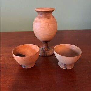 Israeli Handcrafted Olive Wood Vase and Bowl Set